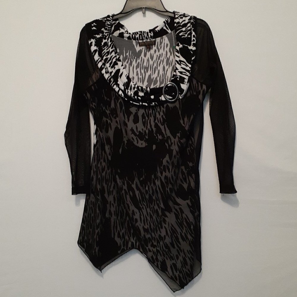 Picadilly FASHIONS Black Animal Print Hi-Low Tunic w Chiffon Overlay; Size Large